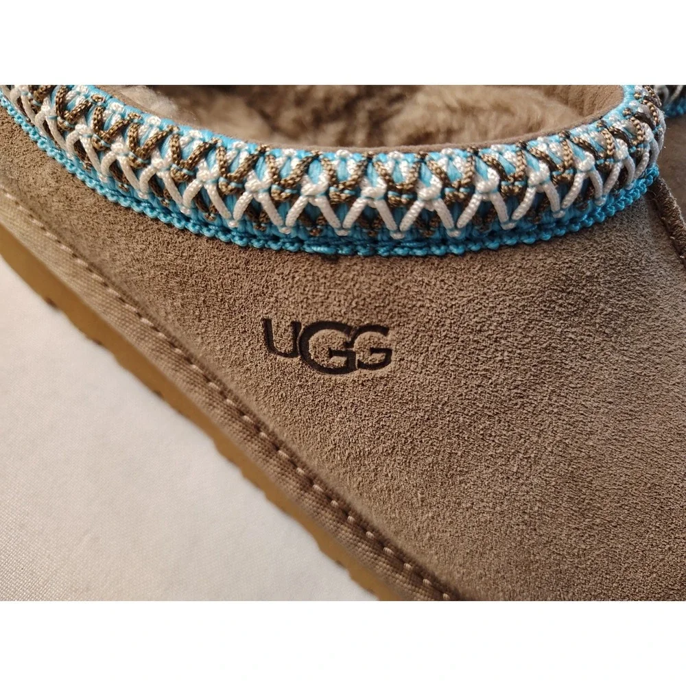 UGG Kids Tasman Chestnut Suede Slip On Slippers Blue Braid Embroidery Shoes 5